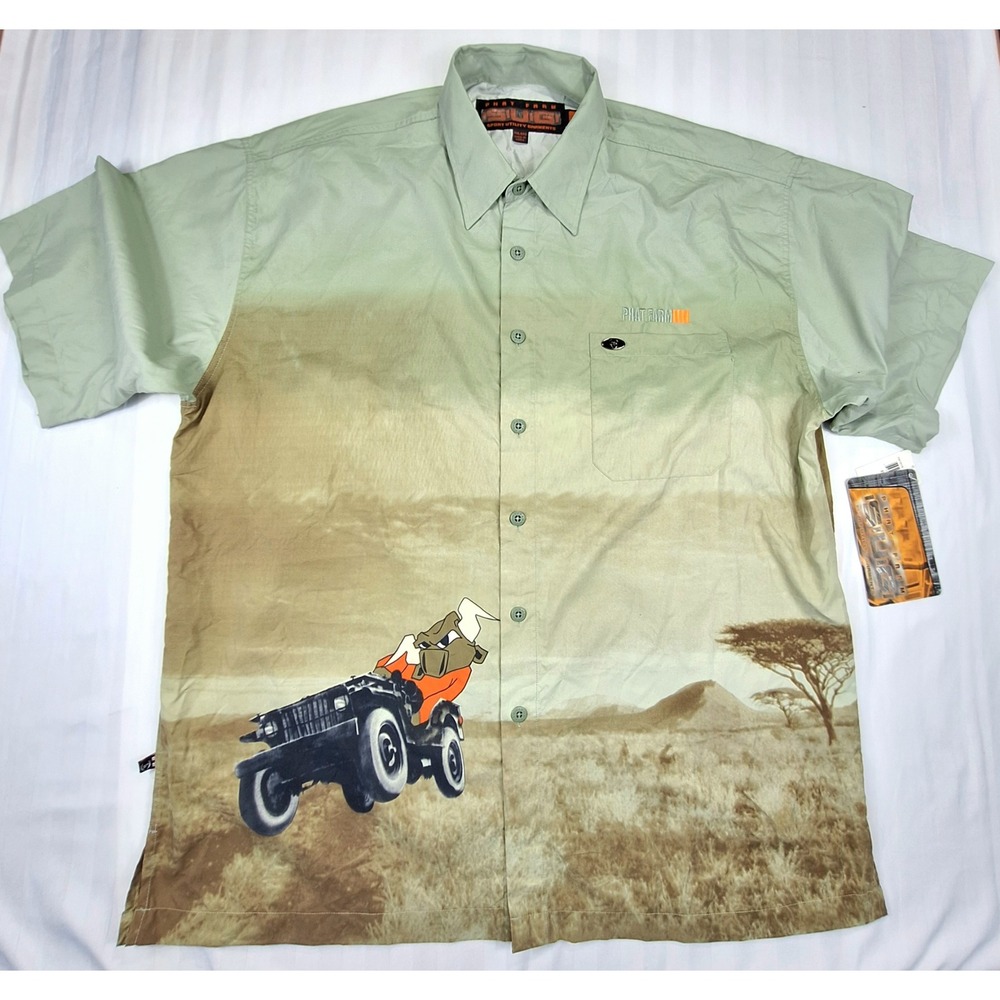 Phat Farm SUG Mens XXL Safari Graphic Button Down Shirt Green Khaki‎